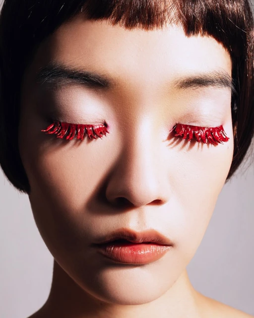 Close-up of a woman's face with striking red eyelashes, featuring her closed eyes, full lips, and smooth skin in soft lighting.