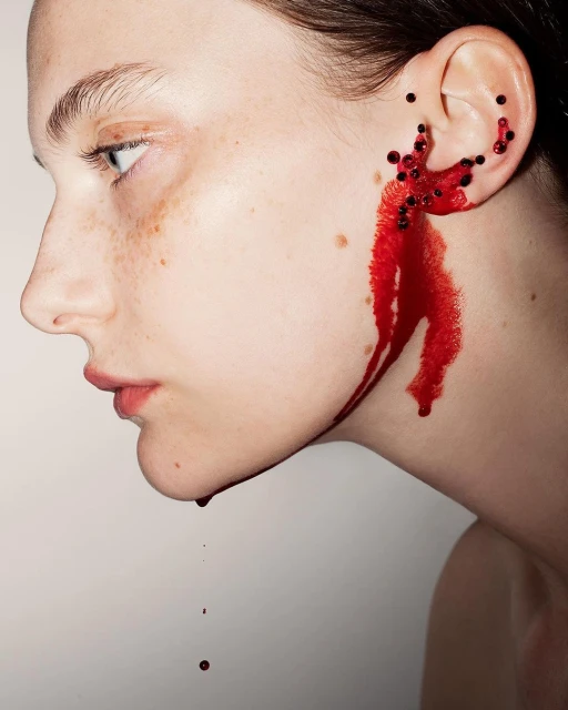 Close-up of a young woman's face in profile with black beads and a red liquid on her ear against a white background.