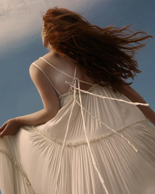 Back view of a woman with red hair wearing a white dress, hair blowing in the wind against a blue sky. Fashion and beauty.