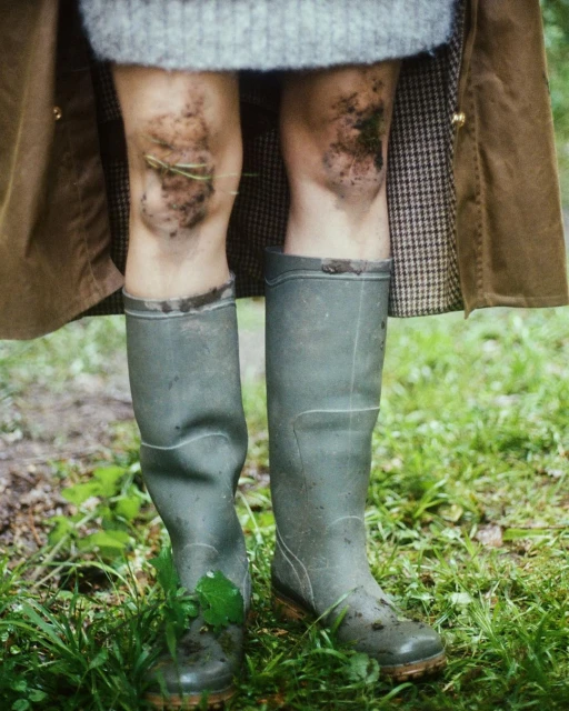 Close-up shot of a child's legs in green rubber boots, with mud on the knees, standing in grassy field with a brown coat visible.