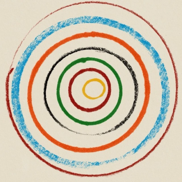 Abstract concentric circles art with red, orange, black, green, and yellow colors in a playful and modern composition.