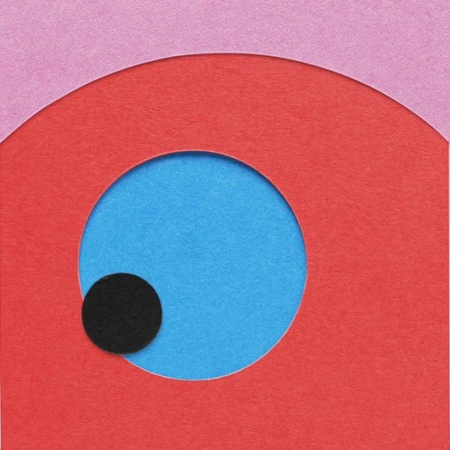 Abstract geometric shapes featuring circles and curves in pink, red, and blue, with a textured paper art style, creating a modern design.