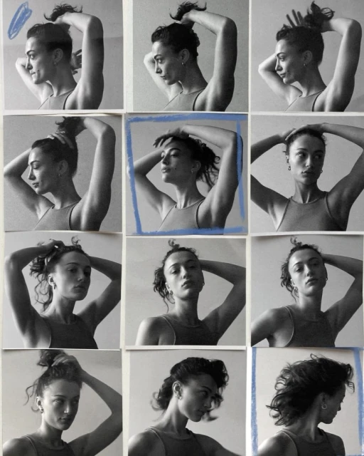 Black-and-white collage shows a woman arranging her hair into a bun, captured in nine different poses against a light backdrop.