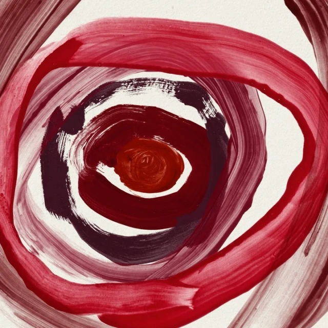 Abstract painting of a concentric spiral in shades of red and maroon against a cream background, creating a textured, circular pattern.