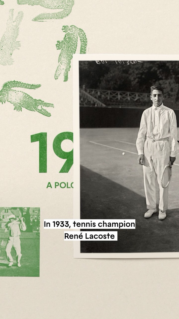 Vintage black-and-white portrait of tennis champion René Lacoste with racket on the court, surrounded by Lacoste brand imagery.