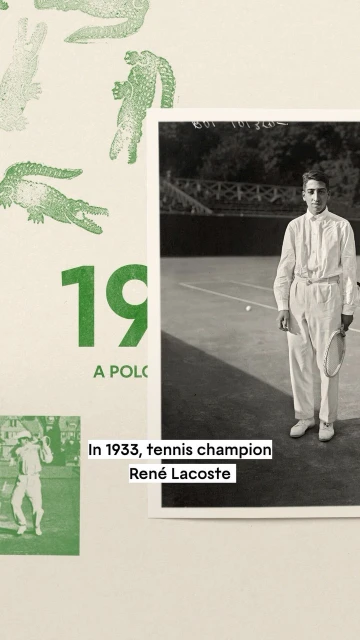 Vintage black-and-white portrait of tennis champion René Lacoste with racket on the court, surrounded by Lacoste brand imagery.