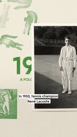 Vintage black-and-white portrait of tennis champion René Lacoste with racket on the court, surrounded by Lacoste brand imagery.