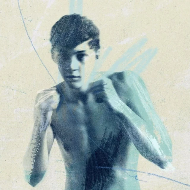 Illustration of a young, shirtless man in a fighting stance against a textured background with abstract blue accents; artistic expression.