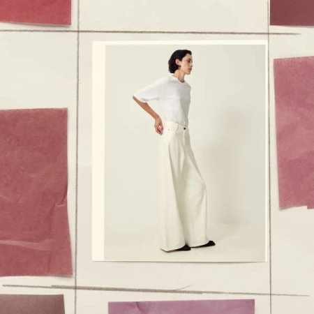 Collage illustration of a woman in a white t-shirt and wide-leg trousers surrounded by textured burgundy paper swatches