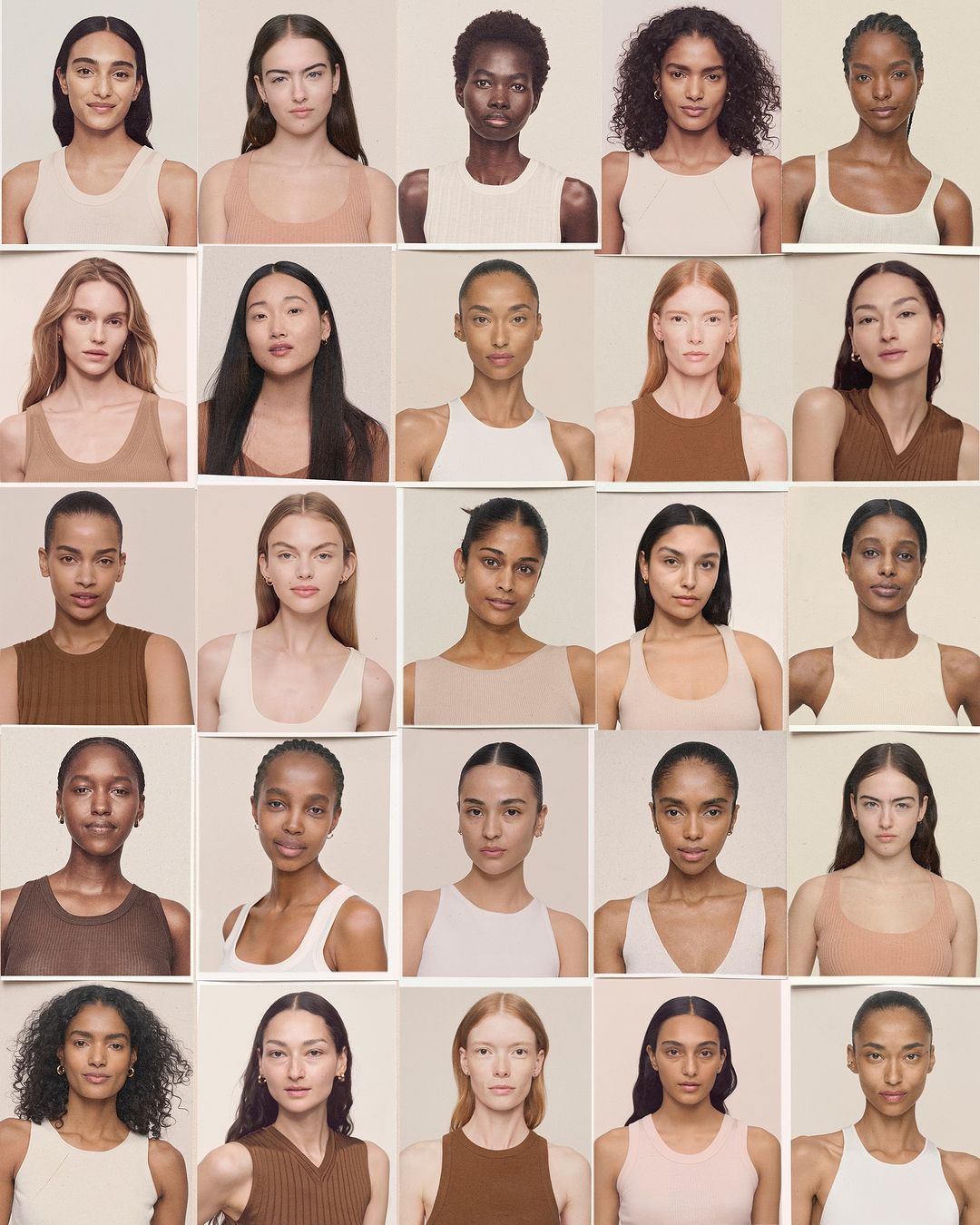 Multiple portraits of diverse women in neutral tank tops against a cream background, arranged in grid pattern, showcasing natural beauty.