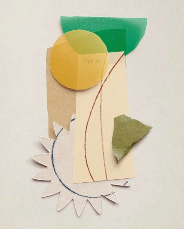Abstract collage of geometric paper shapes: green semi-circle, yellow circle, brown and beige rectangles, and a white jagged semi-circle.
