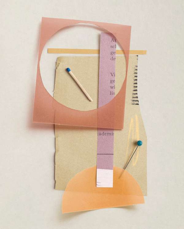 Abstract collage featuring geometric shapes, matchstick, sewing pin, and paper. Peach, beige, and lavender color palette on a white surface.