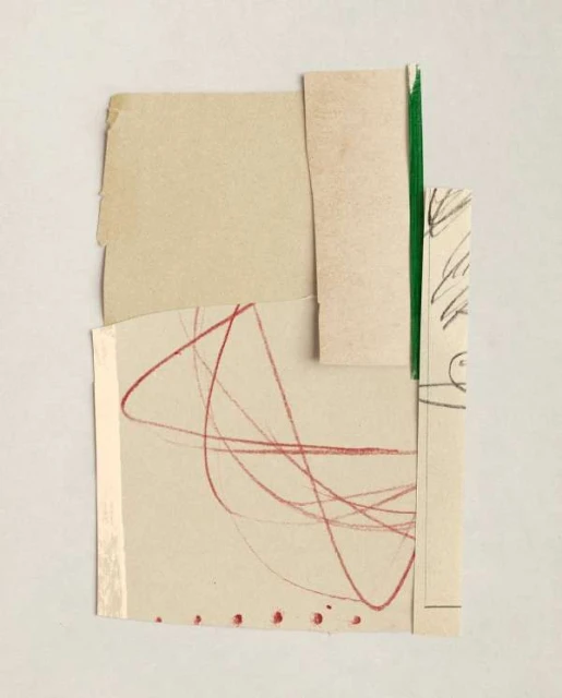 Abstract paper collage on white background featuring layers of neutral beige and cream with red pen line art and a green accent.