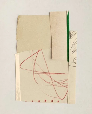 Abstract paper collage on white background featuring layers of neutral beige and cream with red pen line art and a green accent.