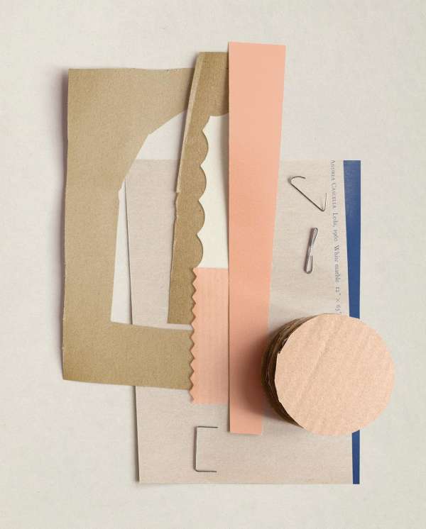Collage of paper shapes in neutral tones, peach and blue arranged in a balanced composition on an off-white background.