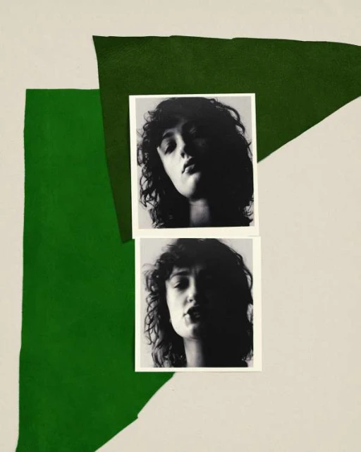 Two square monochrome portrait photographs of a woman are positioned against a geometric backdrop of green and beige.