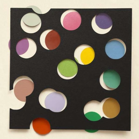 Abstract art features black square with die-cut holes revealing circles in shades of green, blue, purple, pink, red, and yellow.