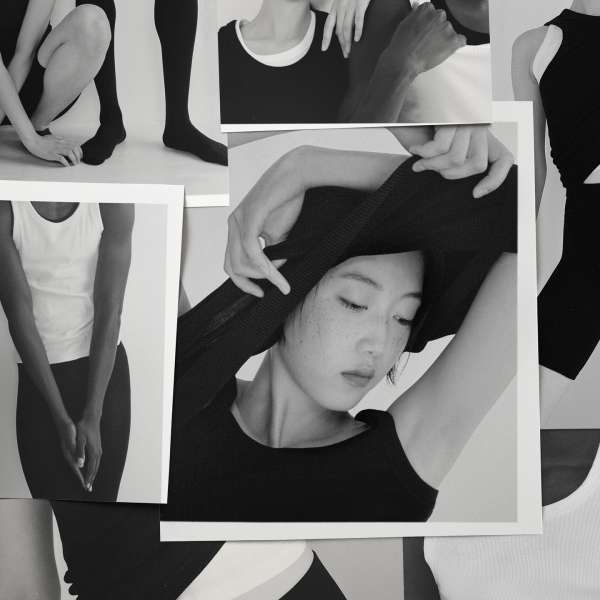 Monochrome collage of fashion models wearing black-and-white tops and leggings in a photo studio with soft lighting.