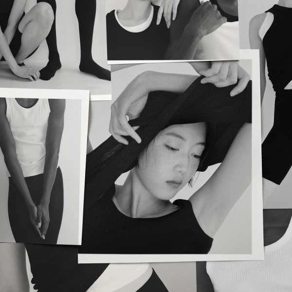 Monochrome collage of fashion models wearing black-and-white tops and leggings in a photo studio with soft lighting.