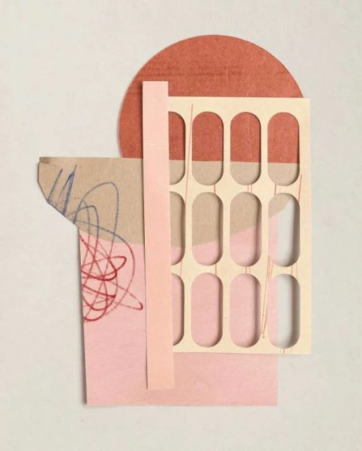 Abstract collage art with geometric paper shapes in salmon, beige, and pink, featuring a grid and scribbled lines on a white background.