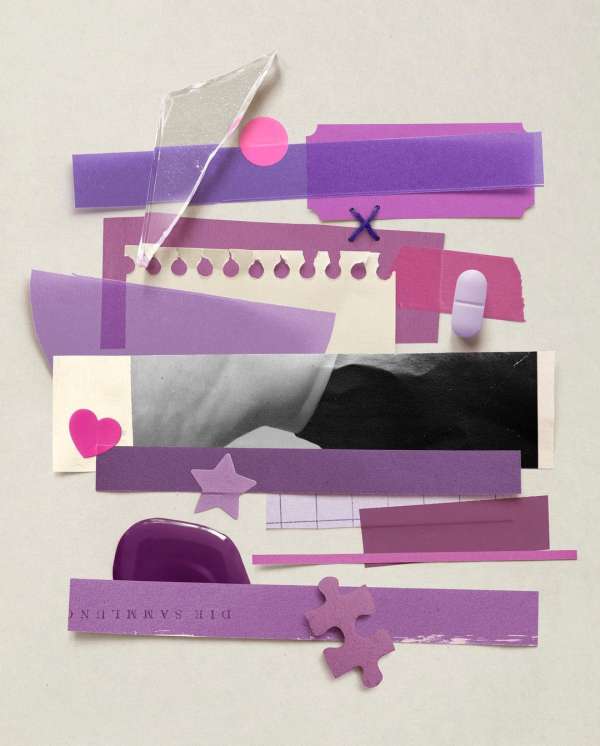 Collage art with purple and pink paper shapes, a clear shard, and a small photograph element, arranged on a neutral background.