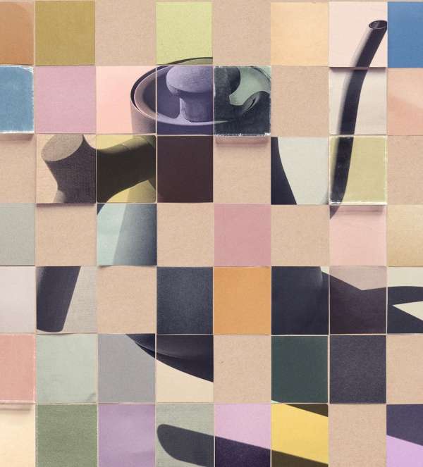 Abstract grid image of deconstructed still-life elements, featuring a pitcher, mug, and other objects in a pastel-toned composition.