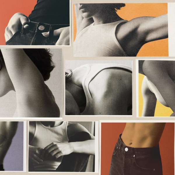 Montage of fashion images with partial views of Black denim jeans and fair-skinned torsos against a beige background and colorful blocks.