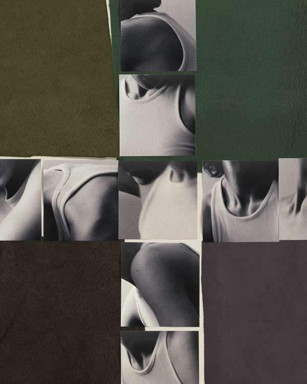 Monochromatic photographic collage featuring partial views of a person's shoulder and neck wearing a white ribbed tank top.