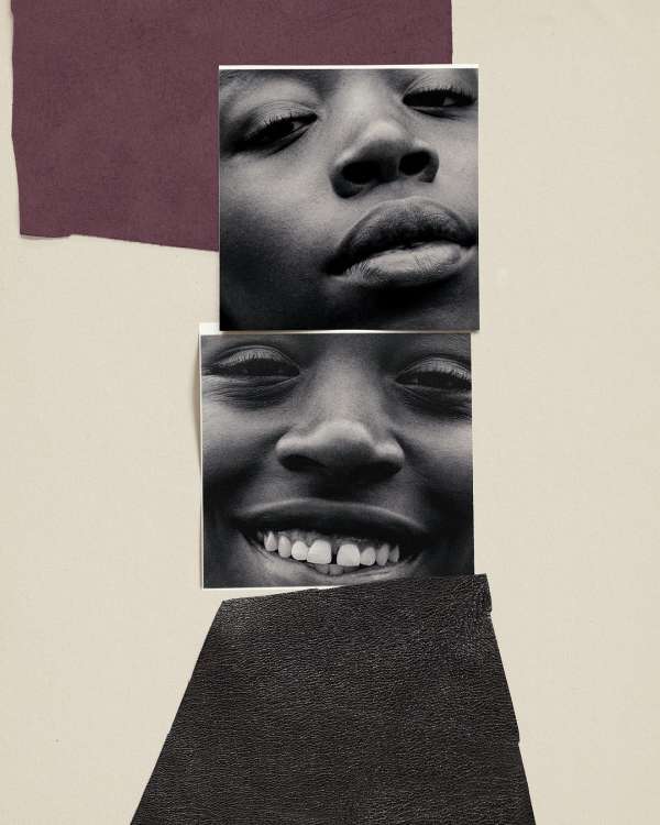 Artful collage featuring two close-up portraits of an African child, presented in black and white with dark paper accents.