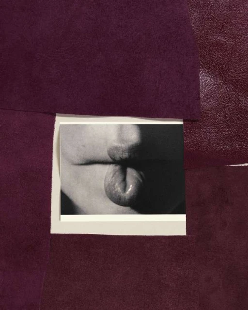 Close-up black and white photo of a person sticking their tongue out, positioned in front of textured purple fabric.