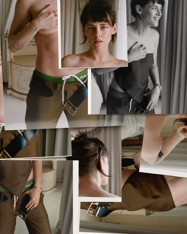 Composite of Kristen Stewart fashion shots: medium skin tone, dark hair, brown pants, belts, photo collage, indoors, natural light.