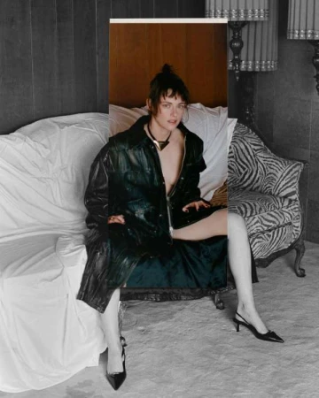 Collage style artwork by Martin Cole featuring a person seated on a vintage sofa wearing a dark leather coat.