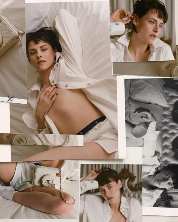 Collage of a young woman in a white shirt lying on a bed next to a handbag, in a soft, diffused light with a neutral color palette.