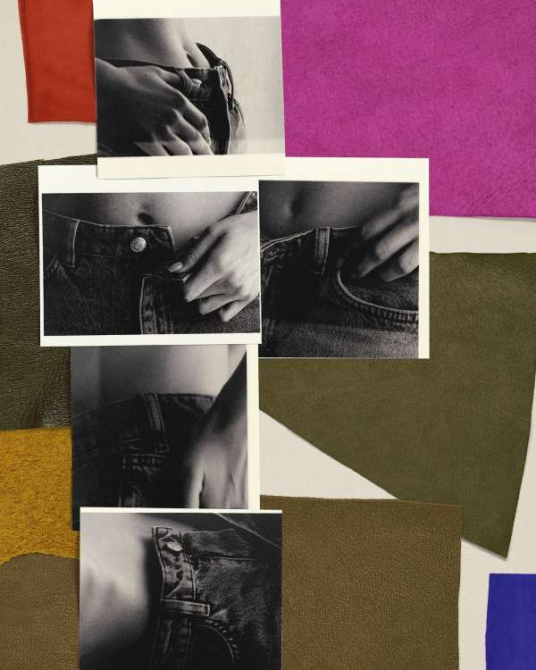 Grayscale photographic collage featuring torso with denim jeans, surrounded by swatches of colorful leather and textile materials.