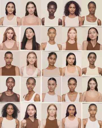 A grid of diverse adult women with various skin tones, hairstyles, and neutral-toned clothing posing against a light beige background.