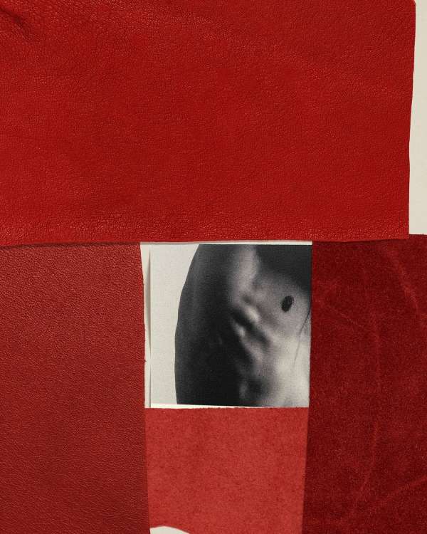 Abstract artwork featuring a monochrome face framed by red leather patches, creating a textured and visually striking composition.