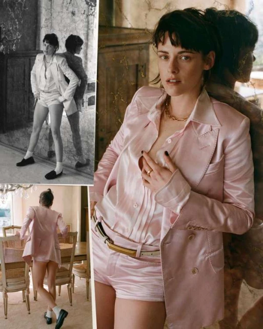 Kristen Stewart in pink suit and shorts posing indoors. Collage of images showing front and back view of Stewart with short brunette hair.