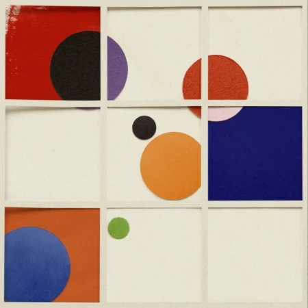 Abstract geometric art featuring overlapping circles in red, black, purple, orange, blue, and green within a white grid.