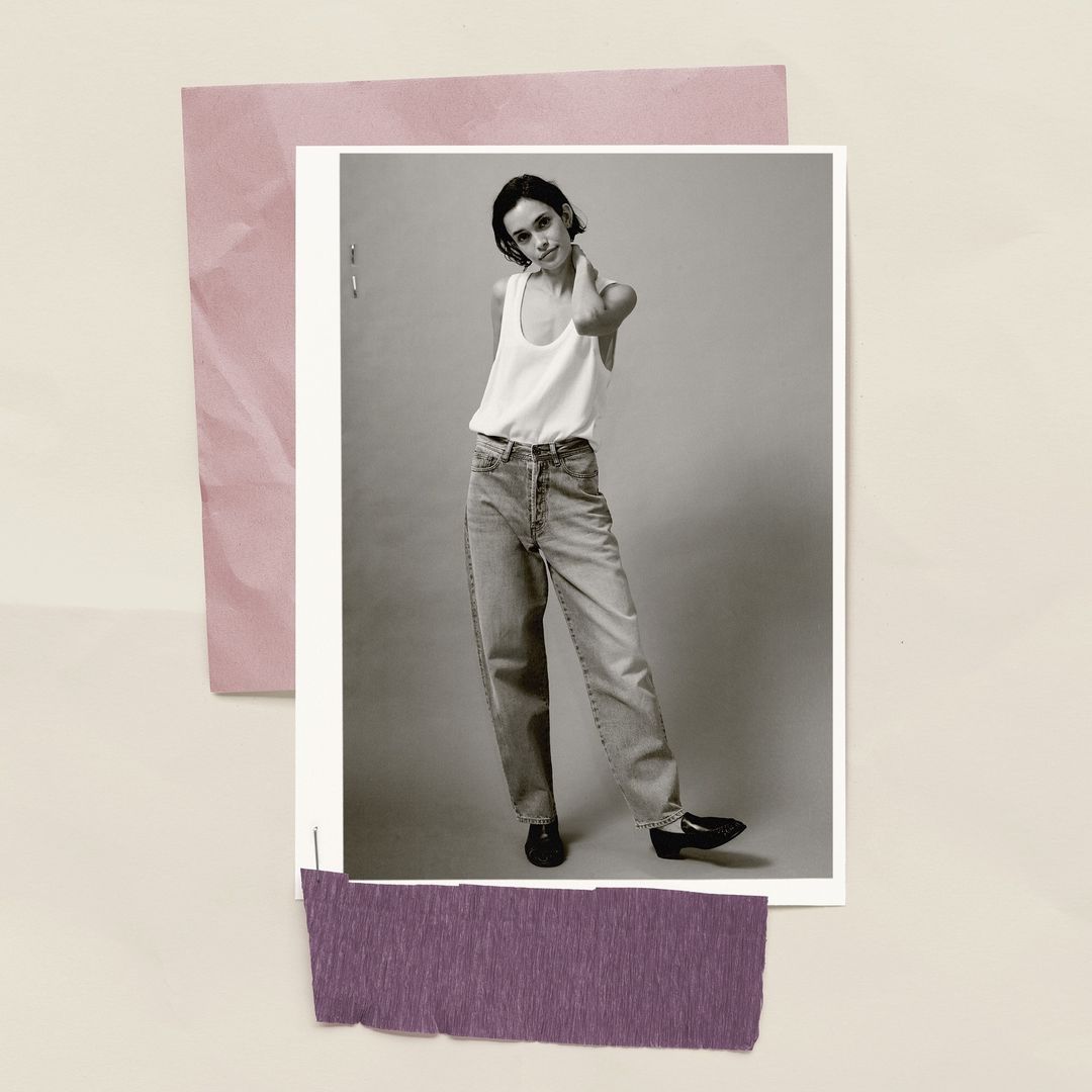 Collage illustration by Martin Cole featuring a black and white photograph of a woman wearing a white tank top and denim jeans.
