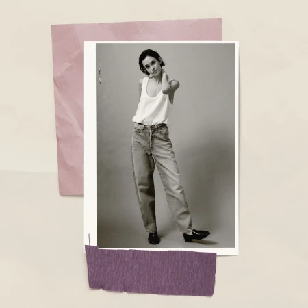 Collage illustration by Martin Cole featuring a black and white photograph of a woman wearing a white tank top and denim jeans.