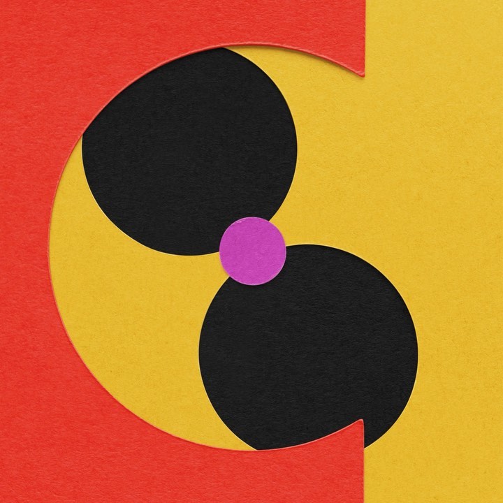 Abstract paper art featuring overlapping black and purple circles on a yellow and red background in a flat, graphic design style.