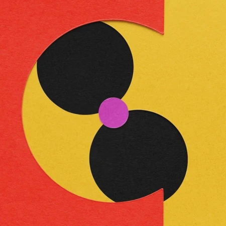 Abstract paper art featuring overlapping black and purple circles on a yellow and red background in a flat, graphic design style.