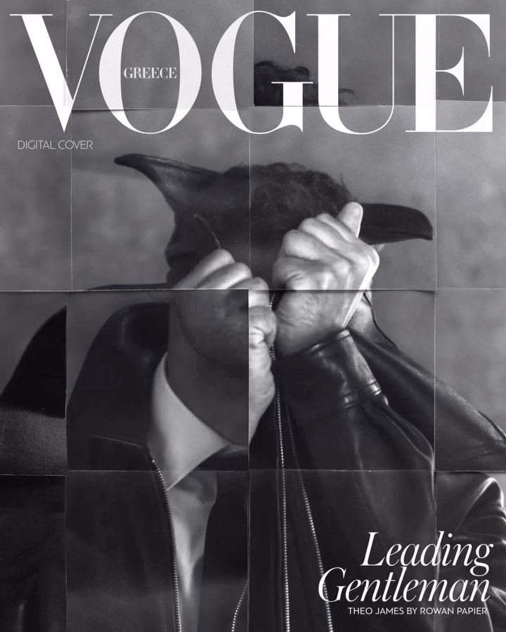 Vogue Greece cover featuring a grayscale portrait of Theo James in a black leather jacket, presented as a tiled photograph.