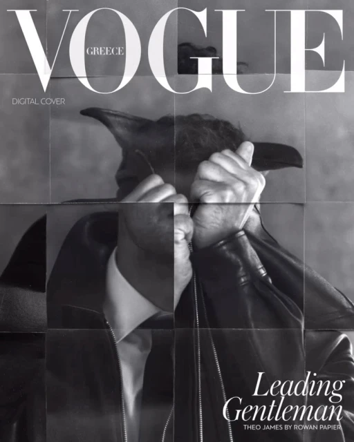 Vogue Greece cover featuring a grayscale portrait of Theo James in a black leather jacket, presented as a tiled photograph.