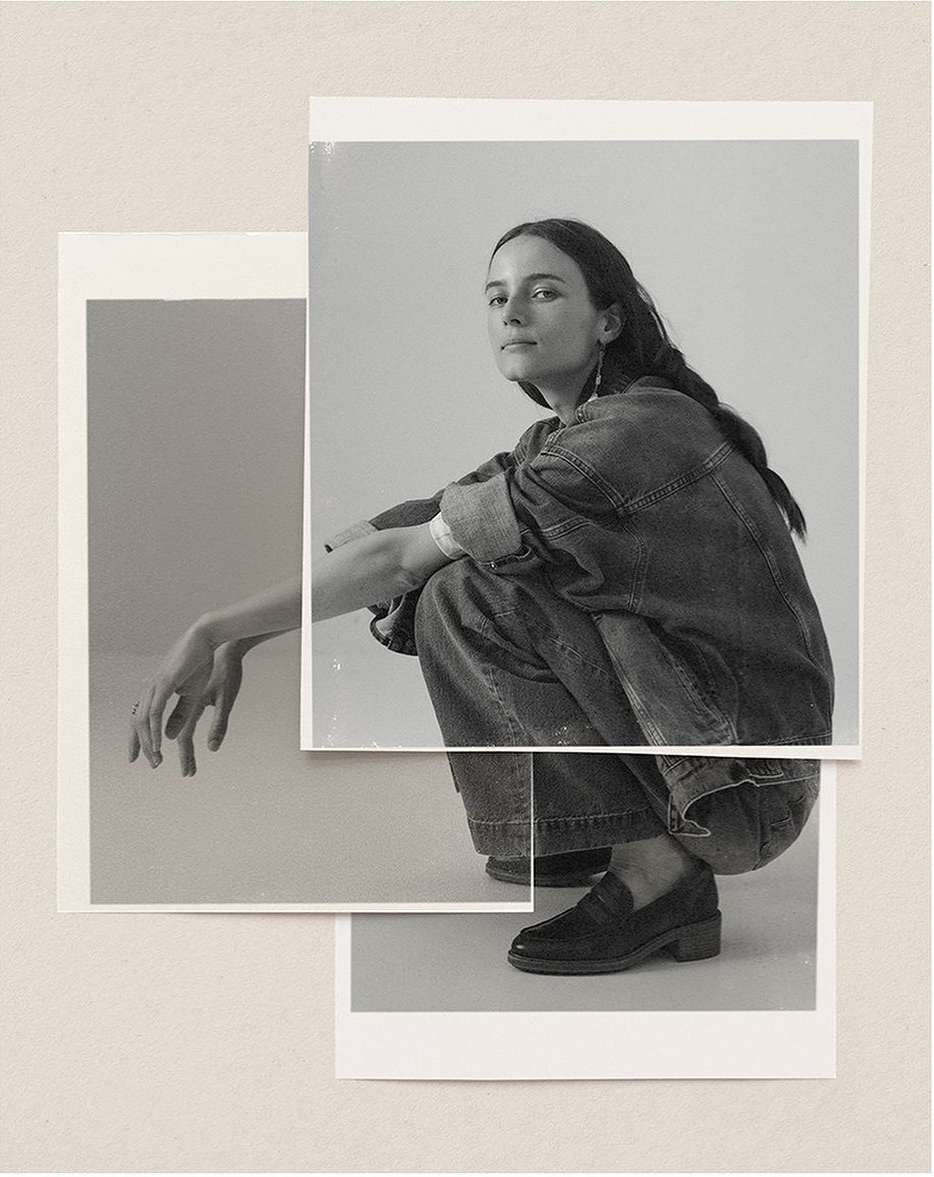Monochrome shot of a woman in denim jacket and jeans squatting, presented as a photo collage with a hand detail photograph.