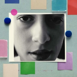 Close-up black and white portrait of a person framed by colorful paper cutouts and magnets on a textured board.