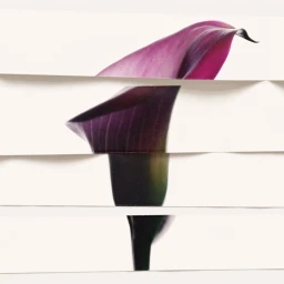 Close-up of a purple calla lily flower fragmented by horizontal strips of white paper against a plain white background.