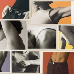 Black and white photographic collage panels showing body details against colourful graphic backdrops by Martin Cole