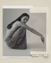 Collage illustration of a woman crouching wearing wide trousers on torn photographic paper by Martin Cole