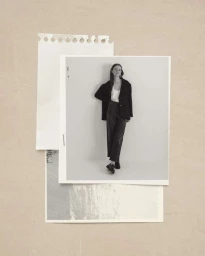Mixed media collage featuring a photograph of a woman standing against a plain background layered with torn paper and textured sheets